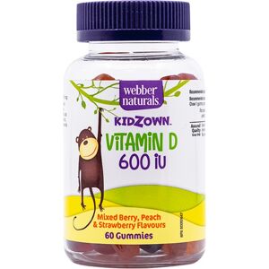 Webber Naturals Kidzown Vitamin D 600 IU podpora normálního stavu kostí a zubů pro děti příchuť Mixed Berry, Peach & Strawberry 60 ks